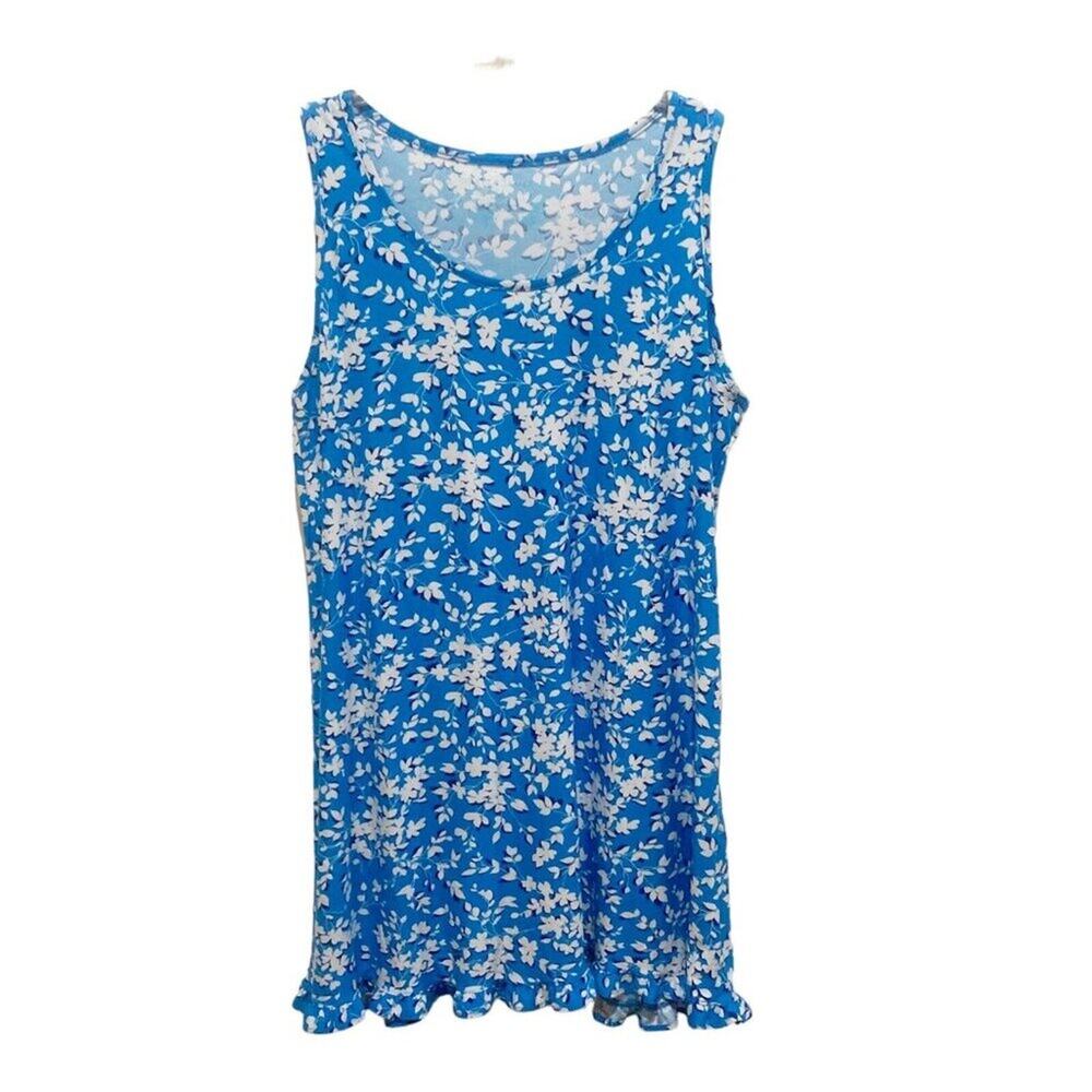 Draper James Dress Blue White Floral Tank Dress Ruffle Hem Comfort Size L / XL